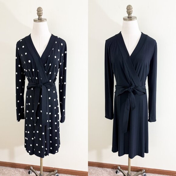 NWT WHBM Black and White Polka Dot Reversible Dress Sz 10 Wrap Style Long Sleeve - Picture 7 of 7